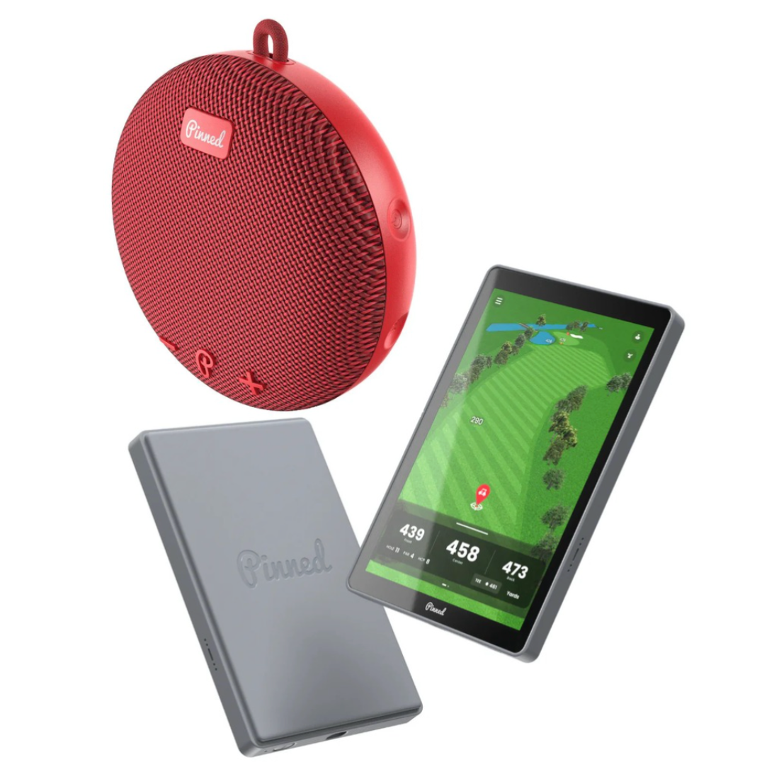 Red golf GPS device, gray carrying case, and golf app on a white background